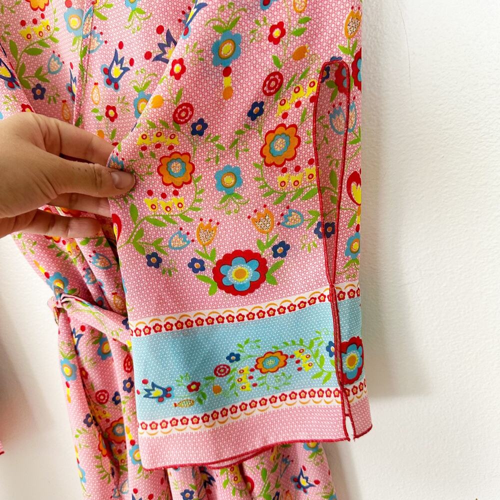 Josie Natori Pink Floral Wrap Robe Size M Boho Lightweight Belted - Picture 3 of 8